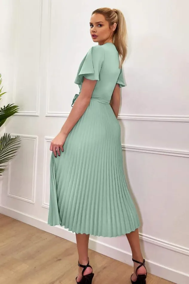 AX Paris Duck Egg Pleated Midi Dress With Tie Waist Women Dresses