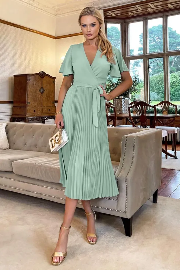 AX Paris Duck Egg Pleated Midi Dress With Tie Waist Women Dresses