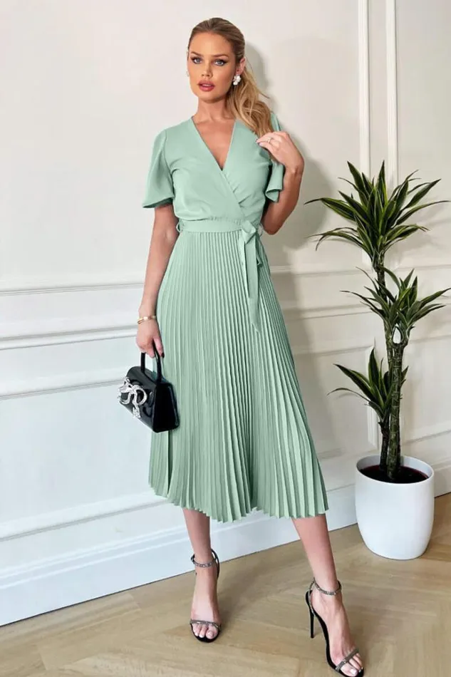 AX Paris Duck Egg Pleated Midi Dress With Tie Waist Women Dresses