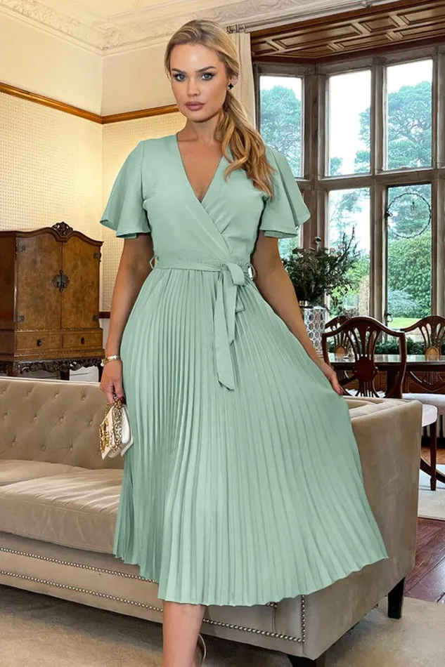 AX Paris Duck Egg Pleated Midi Dress With Tie Waist Women Dresses