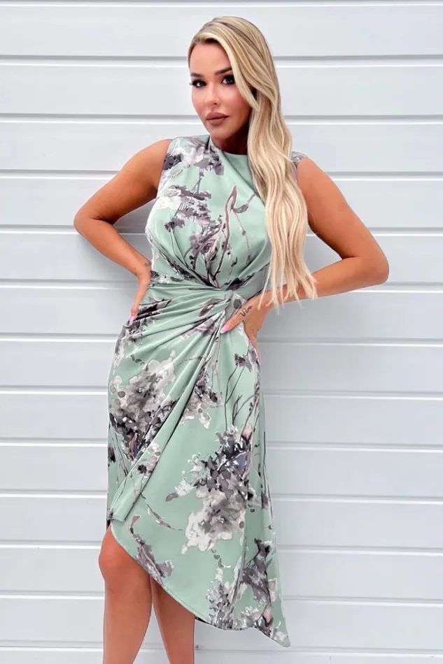 AX Paris Duck Egg Print Gathered Midi Dress With Shoulder Pads Women Dresses