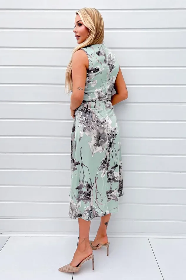 AX Paris Duck Egg Print Gathered Midi Dress With Shoulder Pads Women Dresses
