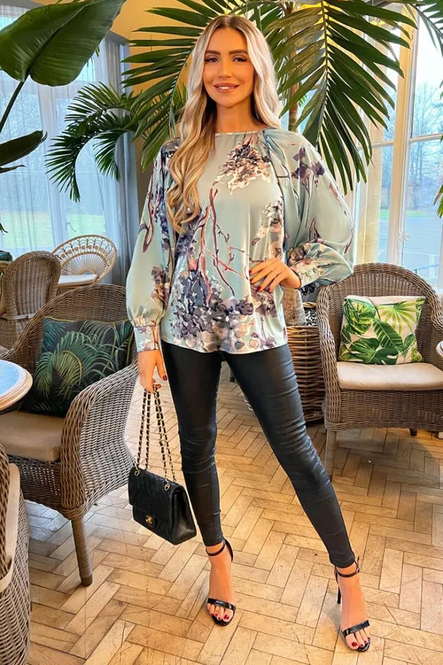 AX Paris Duck Egg Printed Long Sleeve Top Women Tops