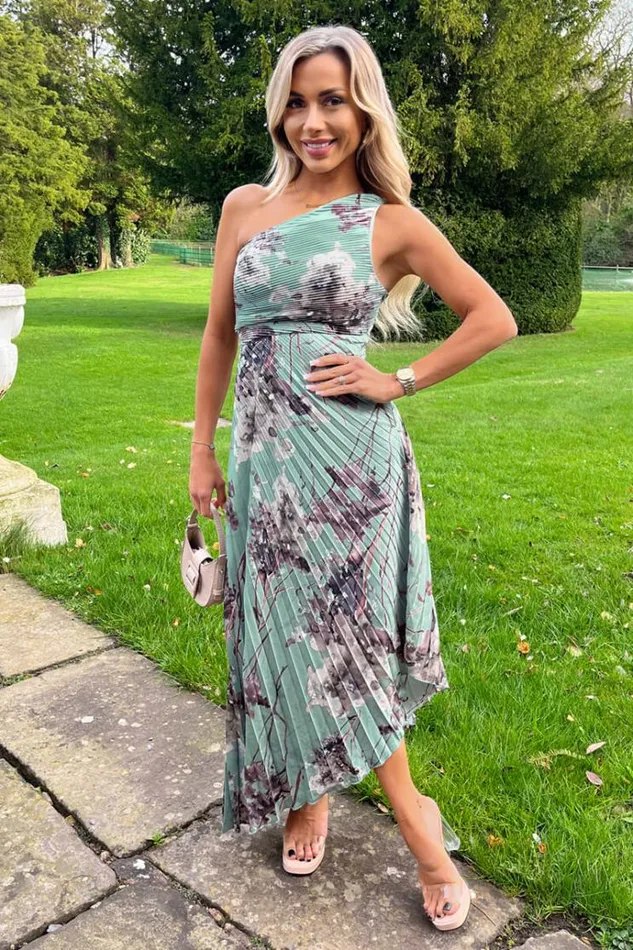 AX Paris Duck Egg Printed One Shoulder Pleated Midi Dress Women Dresses
