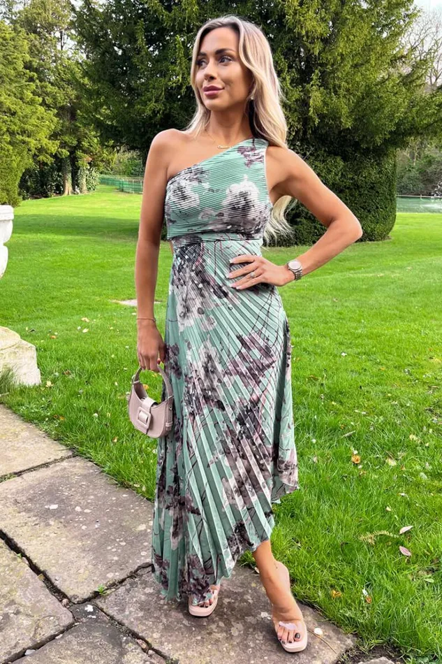 AX Paris Duck Egg Printed One Shoulder Pleated Midi Dress Women Dresses
