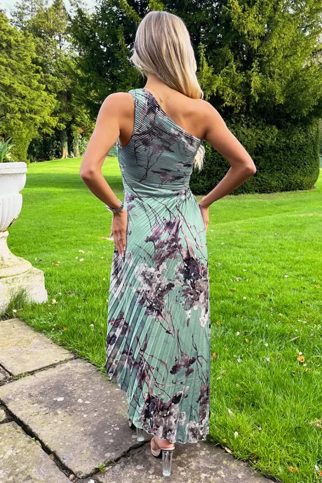 AX Paris Duck Egg Printed One Shoulder Pleated Midi Dress Women Dresses
