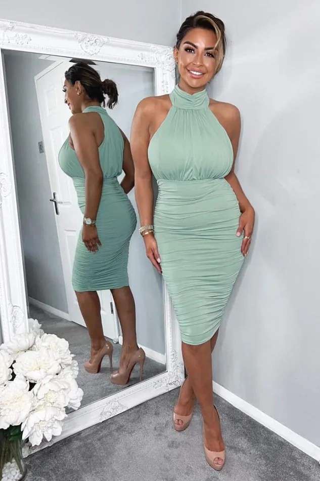 AX Paris Duck Egg Ruched High Neck Midi Dress Women Dresses