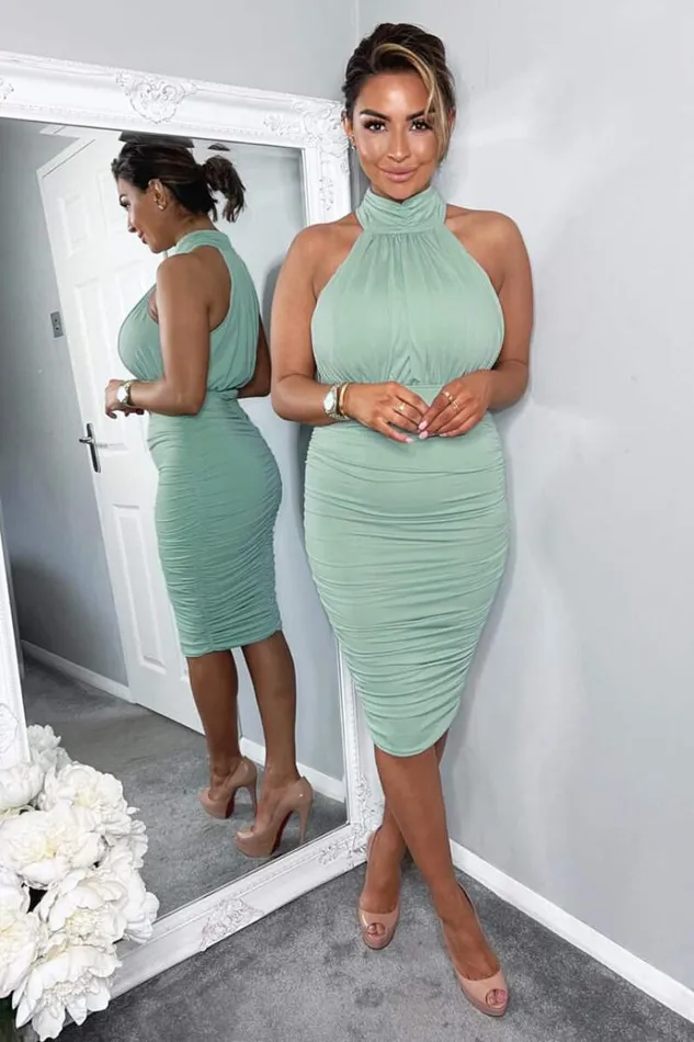 AX Paris Duck Egg Ruched High Neck Midi Dress Women Dresses