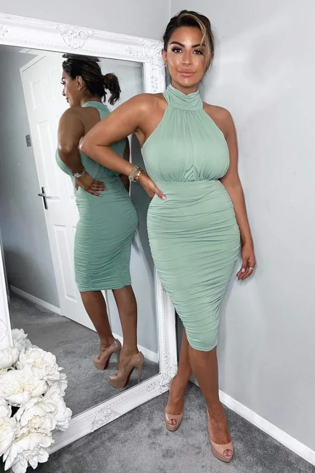 AX Paris Duck Egg Ruched High Neck Midi Dress Women Dresses