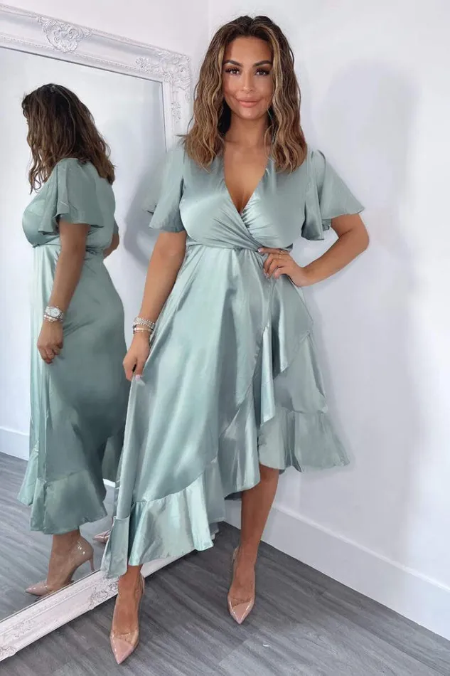 AX Paris Duck Egg Satin Frill Hem Short Sleeve Midi Dress Women Dresses