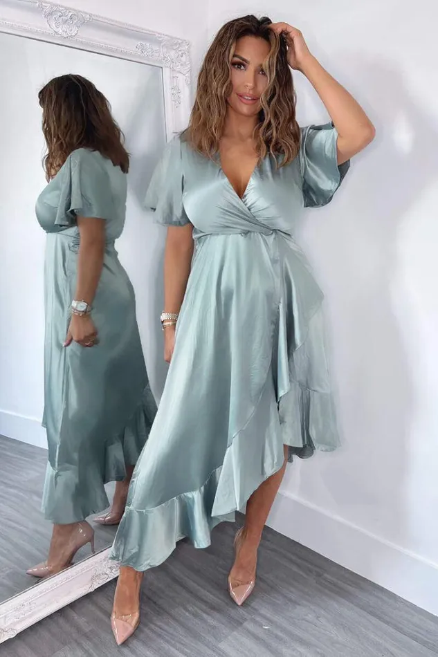 AX Paris Duck Egg Satin Frill Hem Short Sleeve Midi Dress Women Dresses