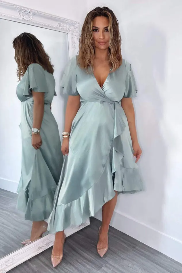 AX Paris Duck Egg Satin Frill Hem Short Sleeve Midi Dress Women Dresses