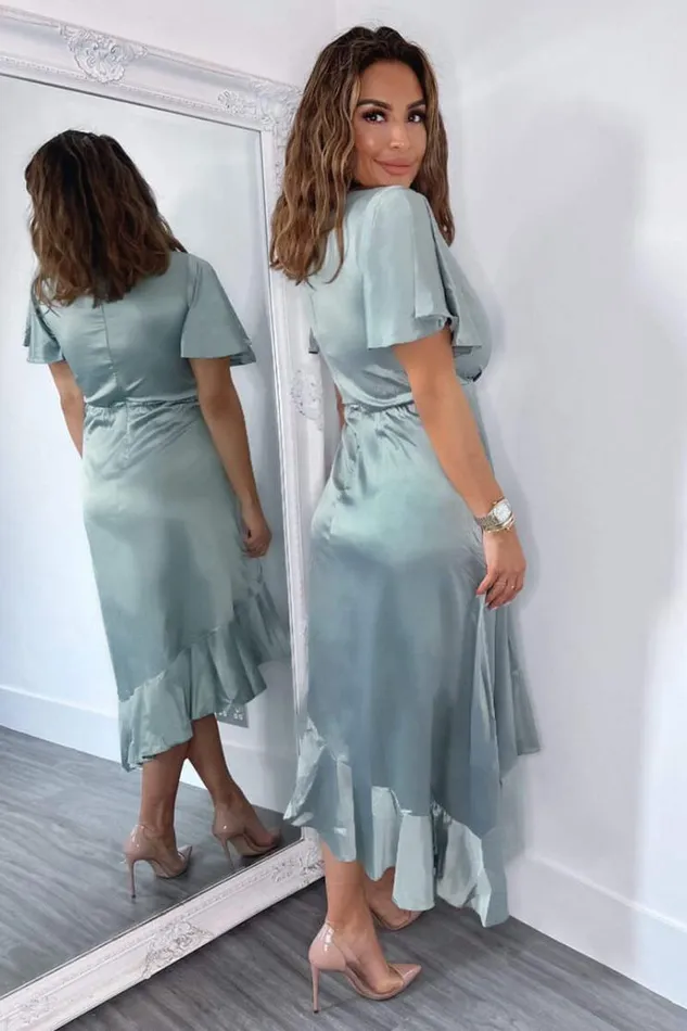 AX Paris Duck Egg Satin Frill Hem Short Sleeve Midi Dress Women Dresses