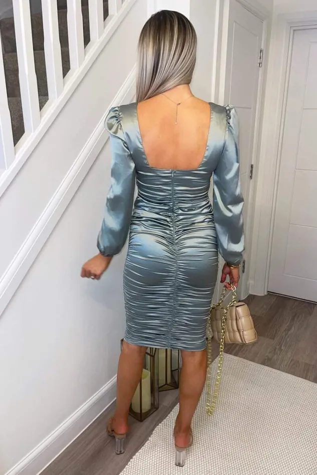 AX Paris Duck Egg Satin Square Neck Ruched Dress Women Dresses