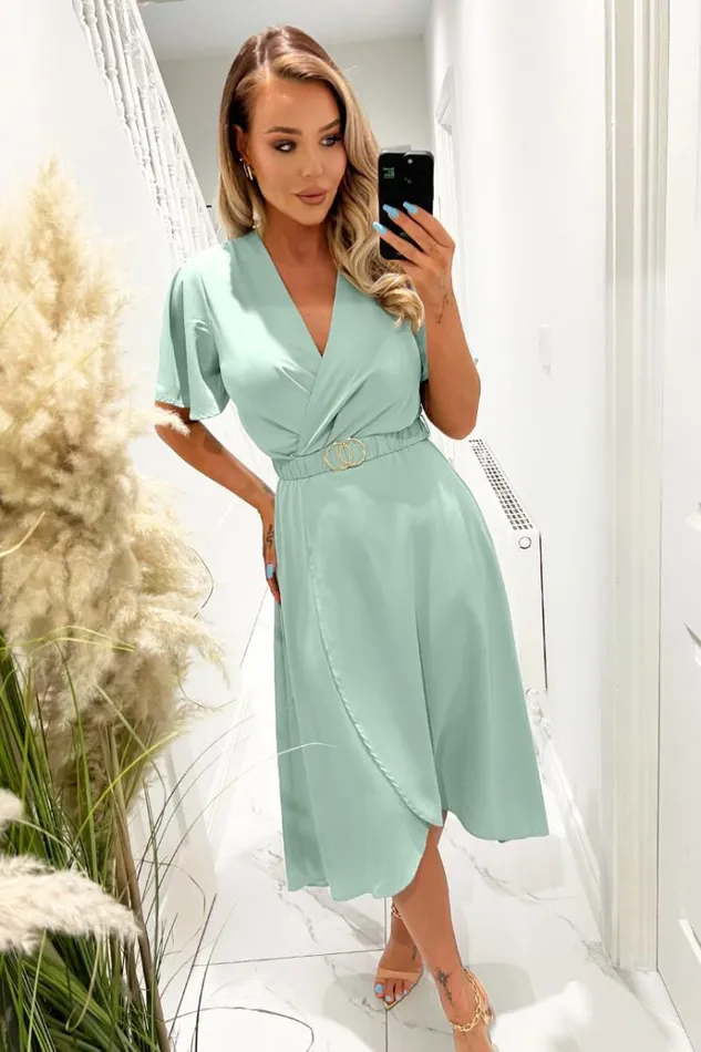 AX Paris Duck Egg Short Sleeve Belted Wrap Midi Dress Women Dresses