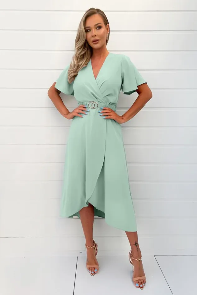 AX Paris Duck Egg Short Sleeve Belted Wrap Midi Dress Women Dresses