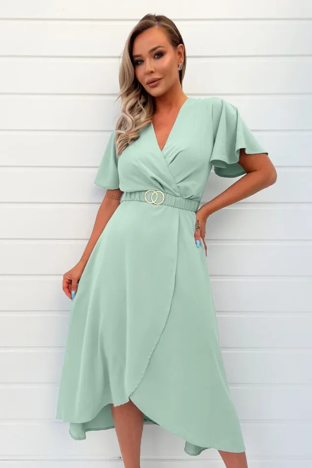 AX Paris Duck Egg Short Sleeve Belted Wrap Midi Dress Women Dresses