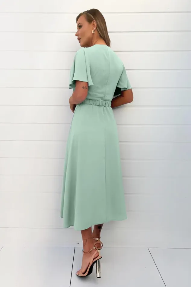 AX Paris Duck Egg Short Sleeve Belted Wrap Midi Dress Women Dresses