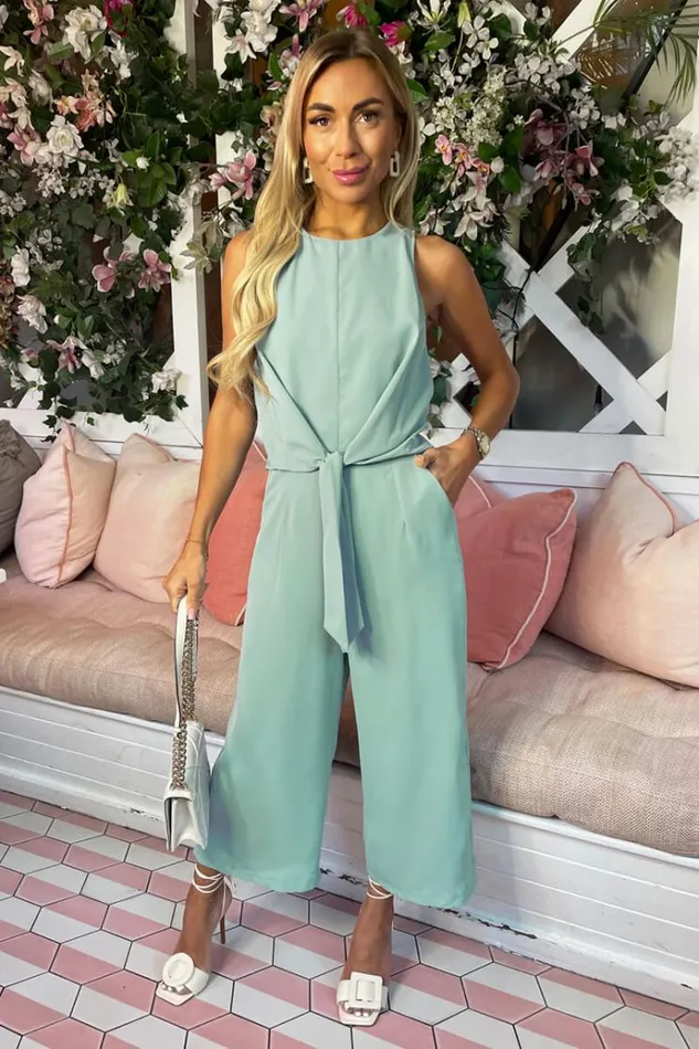 AX Paris Duck Egg Sleeveless Knot Front Jumpsuit Women Jumpsuits And Playsuits