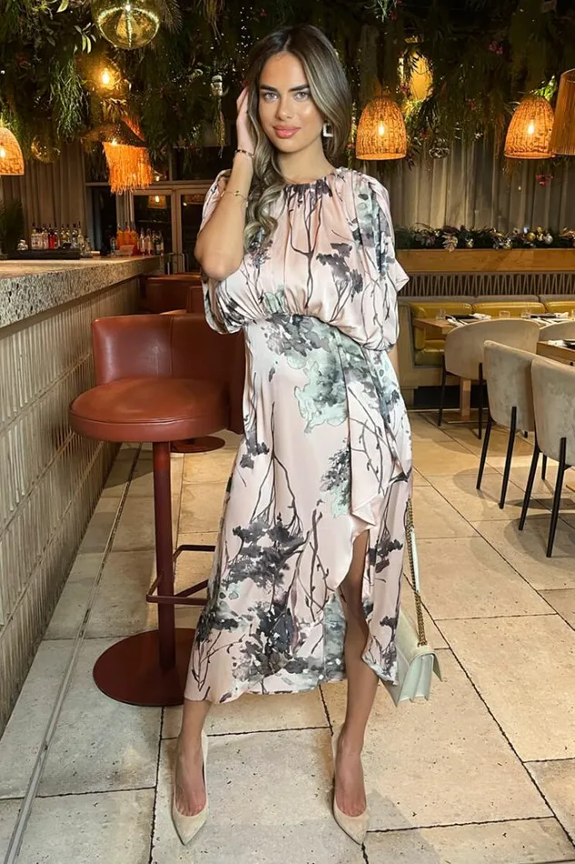 AX Paris Dusty Pink Printed Batwing Top Wrap Skirt Midi Dress Women Dresses