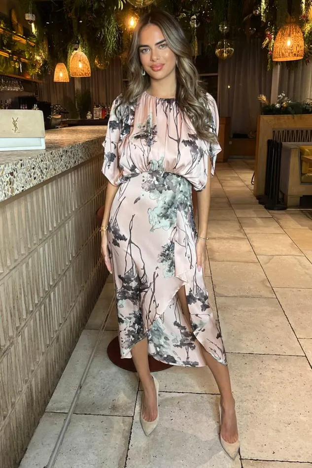 AX Paris Dusty Pink Printed Batwing Top Wrap Skirt Midi Dress Women Dresses