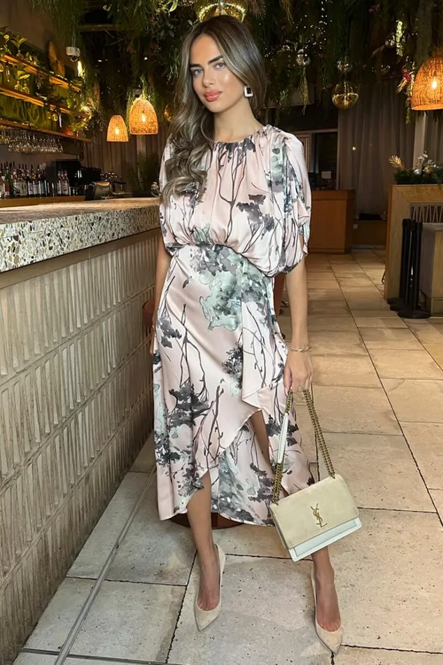 AX Paris Dusty Pink Printed Batwing Top Wrap Skirt Midi Dress Women Dresses