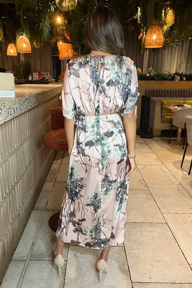 AX Paris Dusty Pink Printed Batwing Top Wrap Skirt Midi Dress Women Dresses