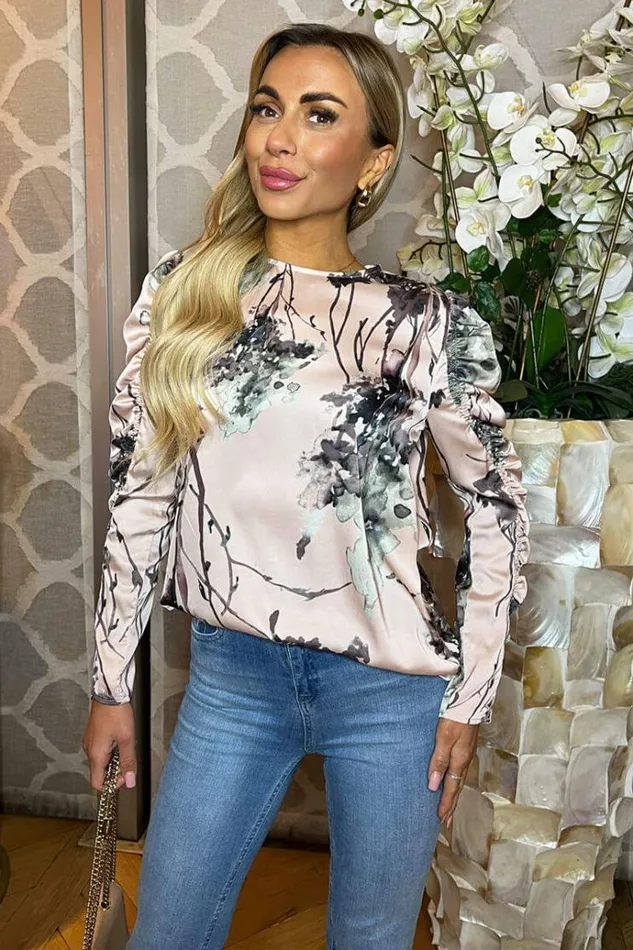 AX Paris Dusty Pink Printed Ruched Sleeve Top Women Tops