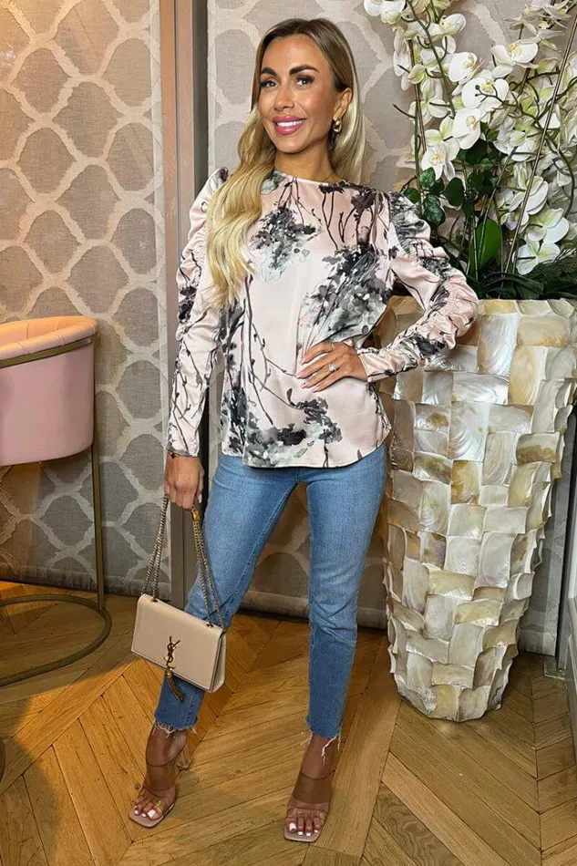 AX Paris Dusty Pink Printed Ruched Sleeve Top Women Tops