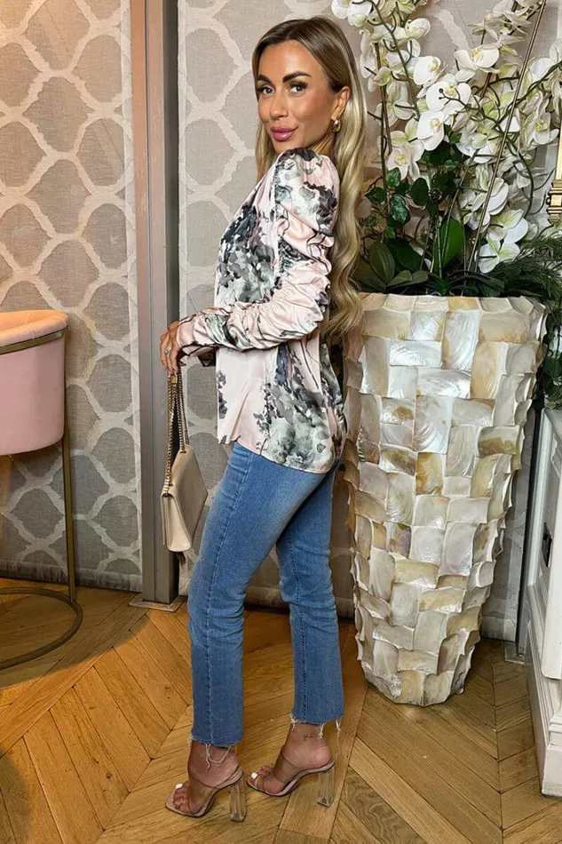 AX Paris Dusty Pink Printed Ruched Sleeve Top Women Tops