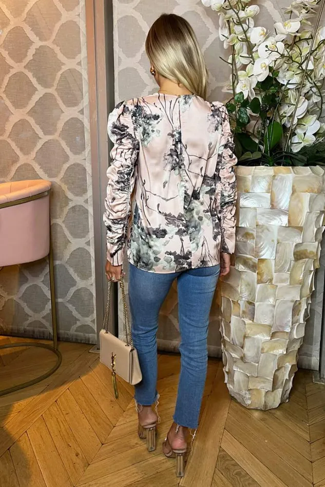 AX Paris Dusty Pink Printed Ruched Sleeve Top Women Tops