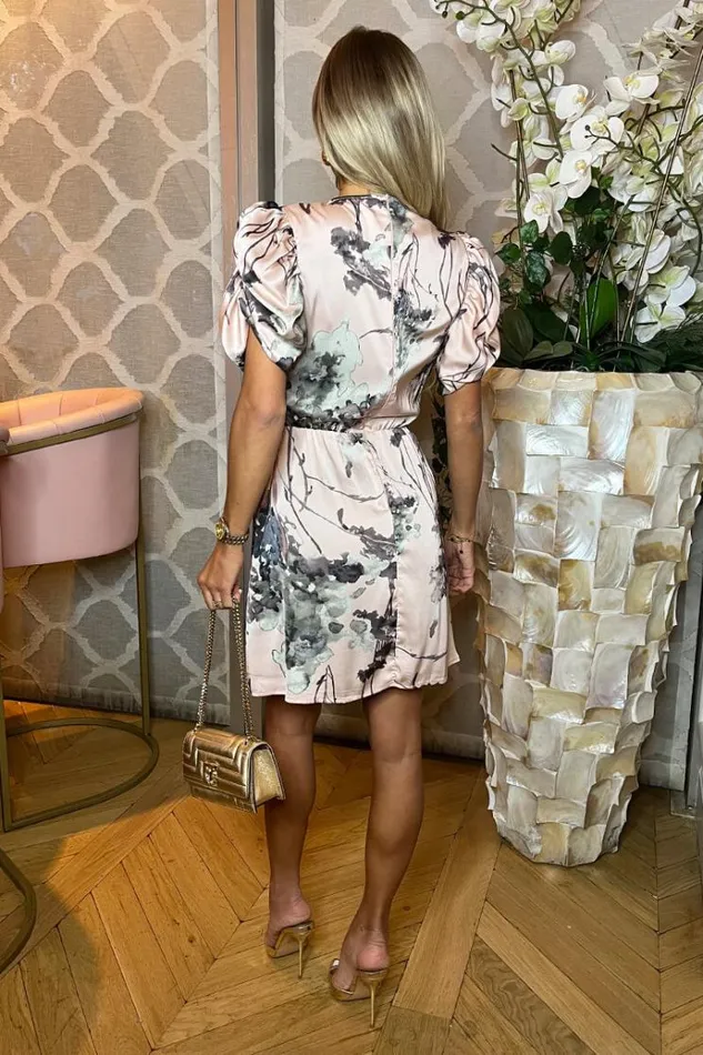 AX Paris Dusty Pink Printed Short Puff Sleeve Gathered Side Mini Dress Women Dresses