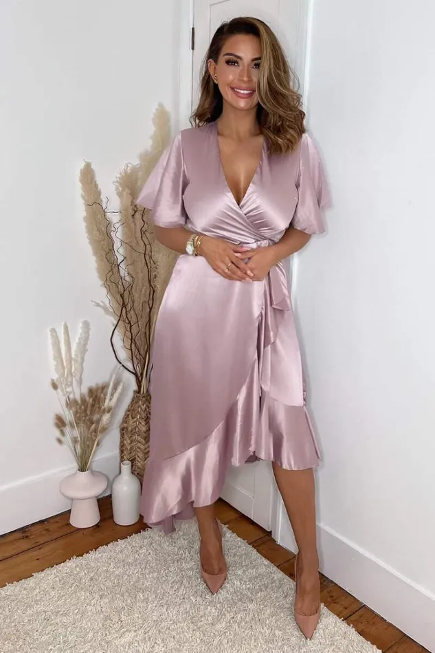 AX Paris Dusty Pink Satin Frill Hem Short Sleeve Midi Dress Women Dresses