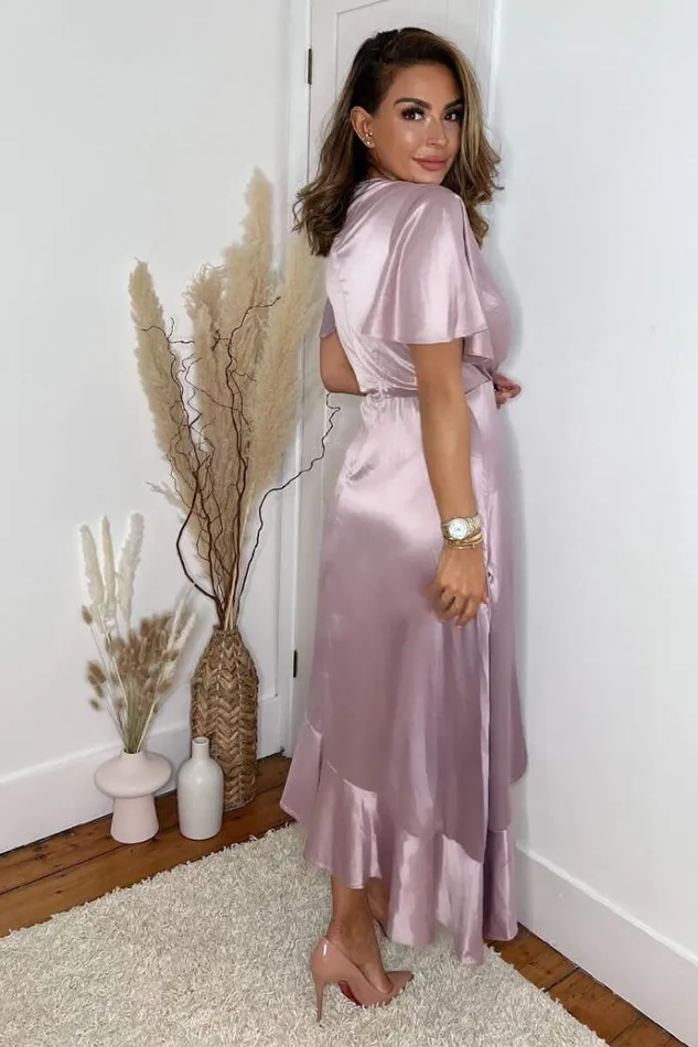 AX Paris Dusty Pink Satin Frill Hem Short Sleeve Midi Dress Women Dresses