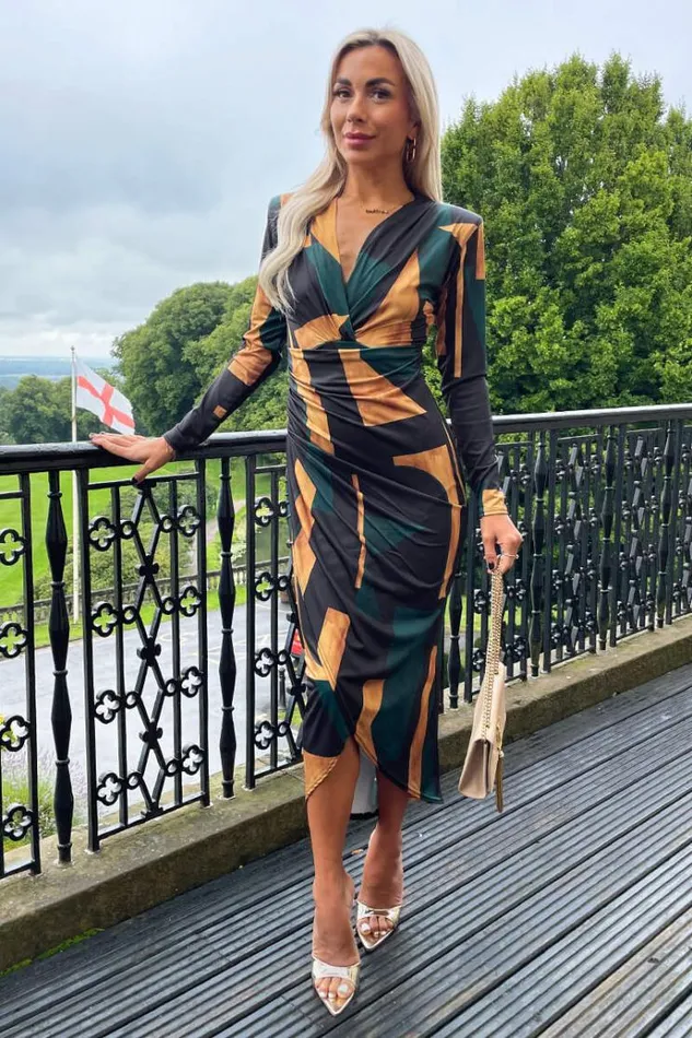 AX Paris Forest Geometric Print Long Sleeve Wrap Midi Dress Women Dresses
