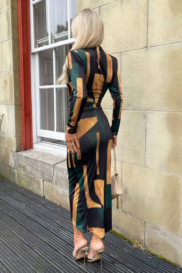 AX Paris Forest Geometric Print Long Sleeve Wrap Midi Dress Women Dresses