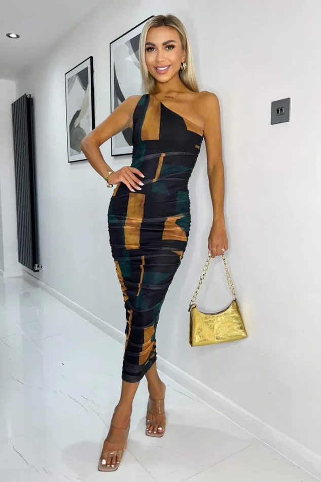 AX Paris Forest Geometric Print Mesh One Shoulder Bodycon Midi Dress Women Dresses