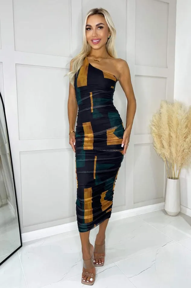 AX Paris Forest Geometric Print Mesh One Shoulder Bodycon Midi Dress Women Dresses