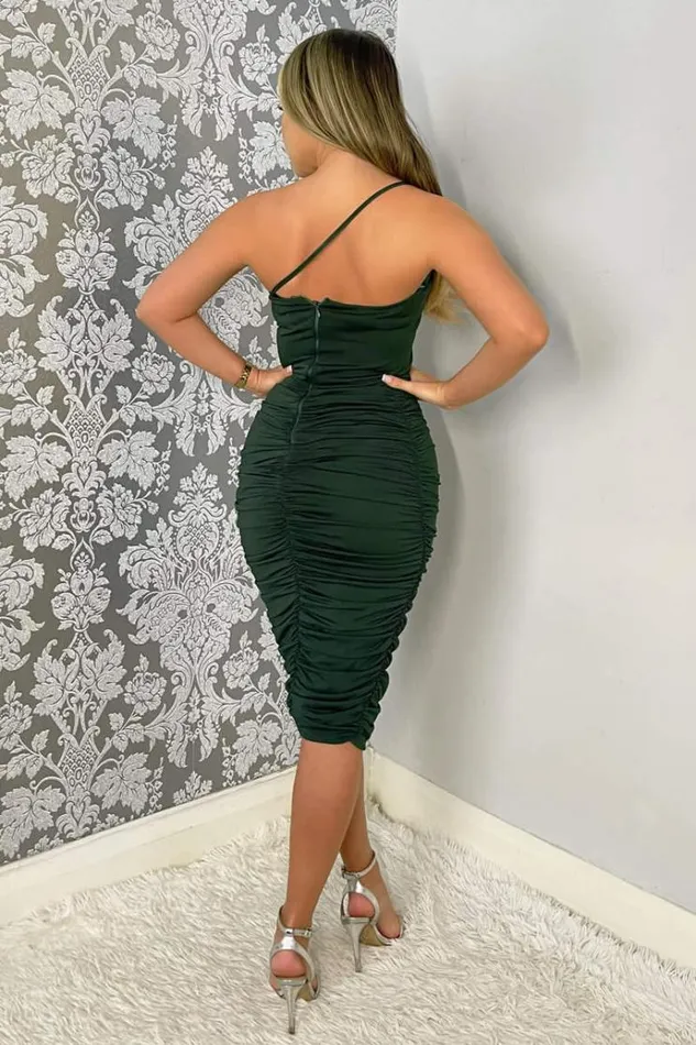 AX Paris Forest Green One Strap Ruched Bodycon Dress Women Dresses