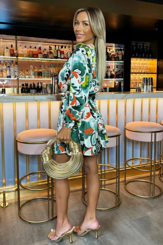 AX Paris Green Abstract Print Long Sleeve Belted Skater Mini Dress Women Dresses