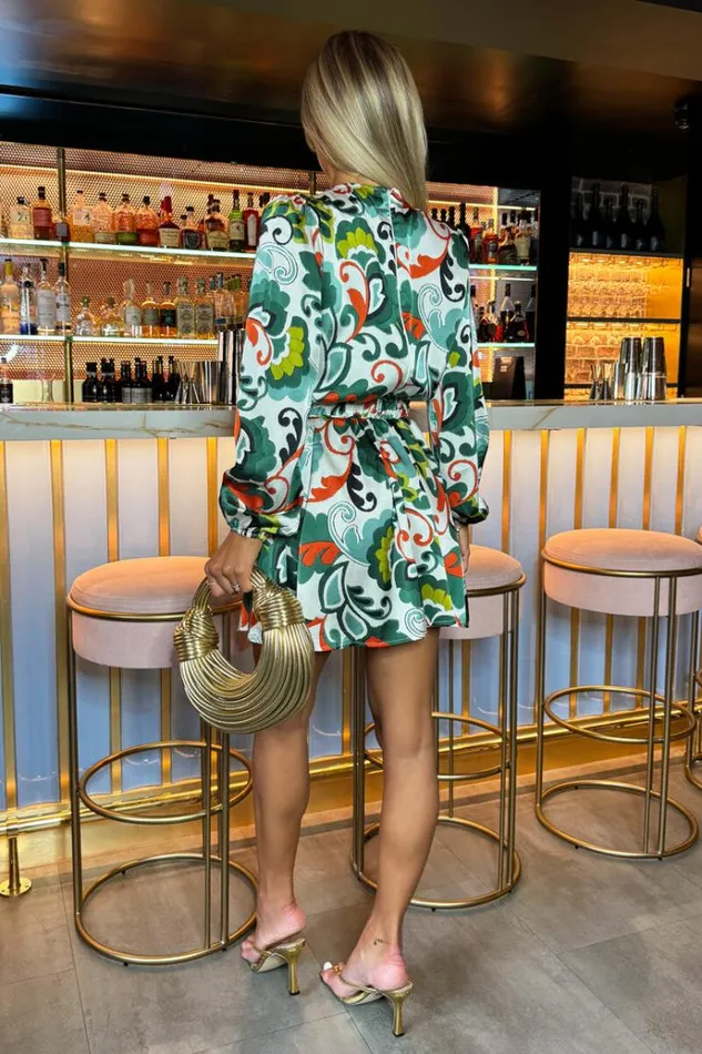 AX Paris Green Abstract Print Long Sleeve Belted Skater Mini Dress Women Dresses