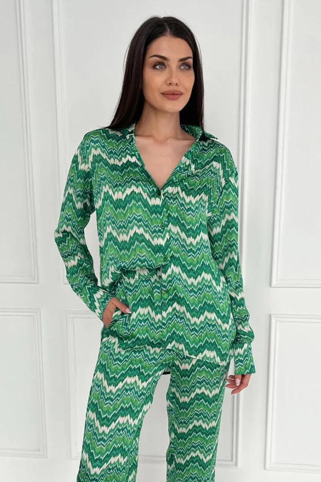 AX Paris Green Abstract Printed Long Sleeve Shirt Women Tops