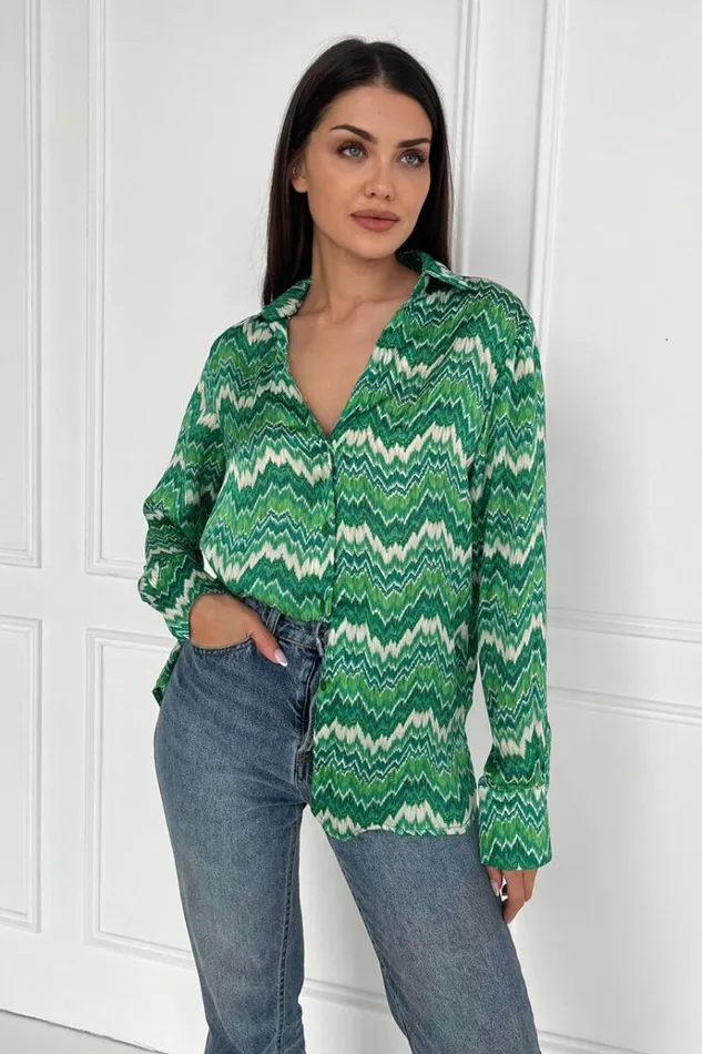AX Paris Green Abstract Printed Long Sleeve Shirt Women Tops