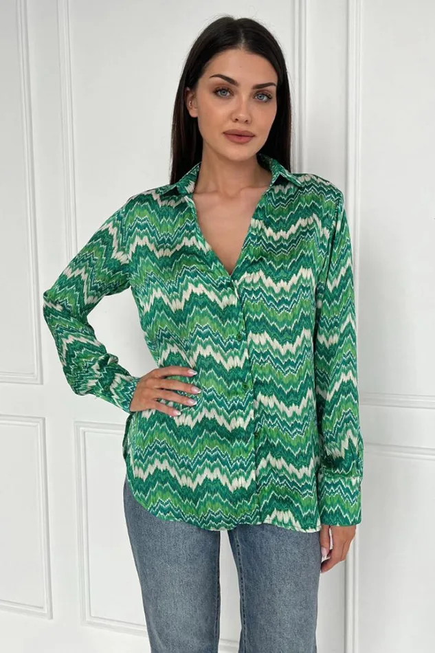 AX Paris Green Abstract Printed Long Sleeve Shirt Women Tops