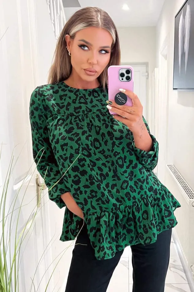 AX Paris Green And Black Animal Print Long Sleeve Smock Top Women Tops