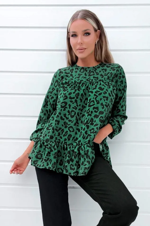 AX Paris Green And Black Animal Print Long Sleeve Smock Top Women Tops