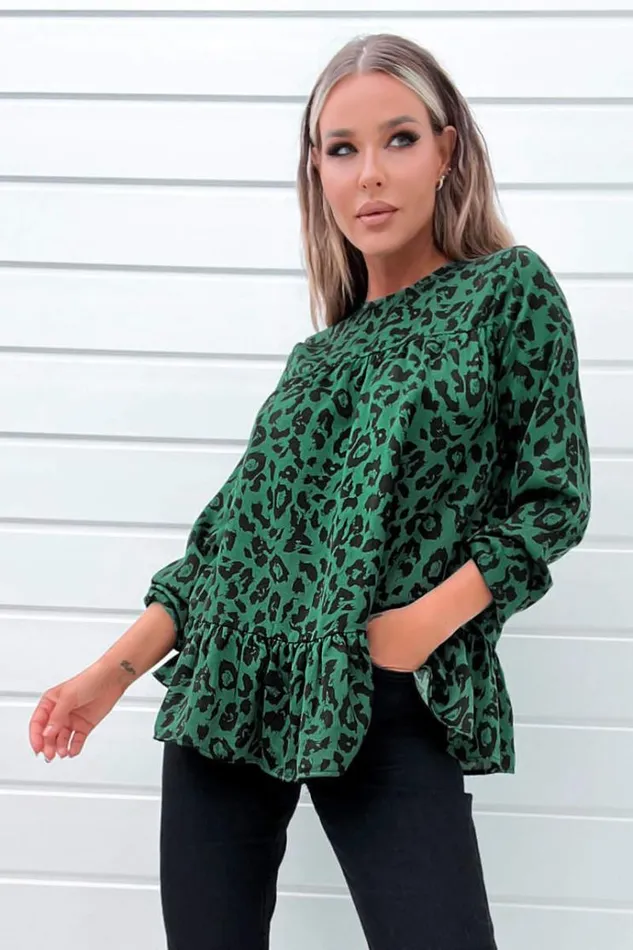 AX Paris Green And Black Animal Print Long Sleeve Smock Top Women Tops