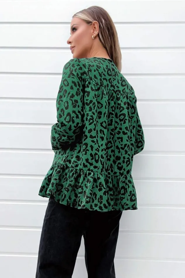 AX Paris Green And Black Animal Print Long Sleeve Smock Top Women Tops