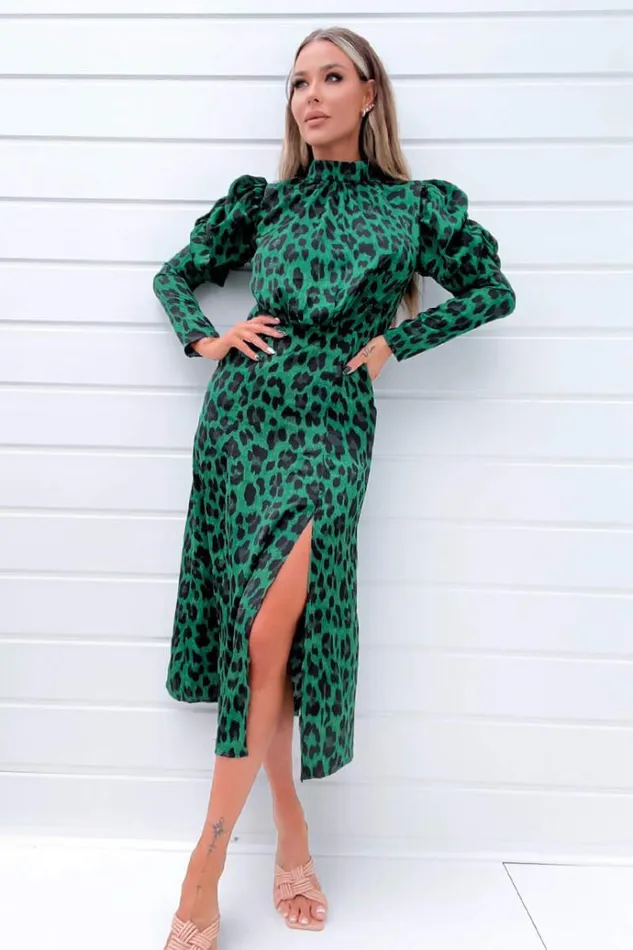 AX Paris Green And Black Animal Print Puff Long Sleeve Midi Dress Women Dresses