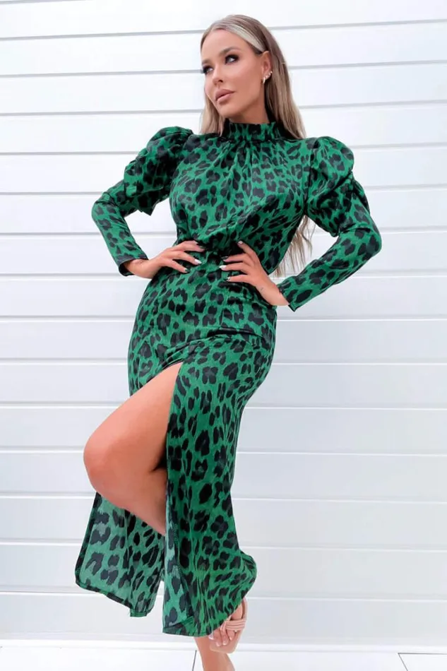 AX Paris Green And Black Animal Print Puff Long Sleeve Midi Dress Women Dresses